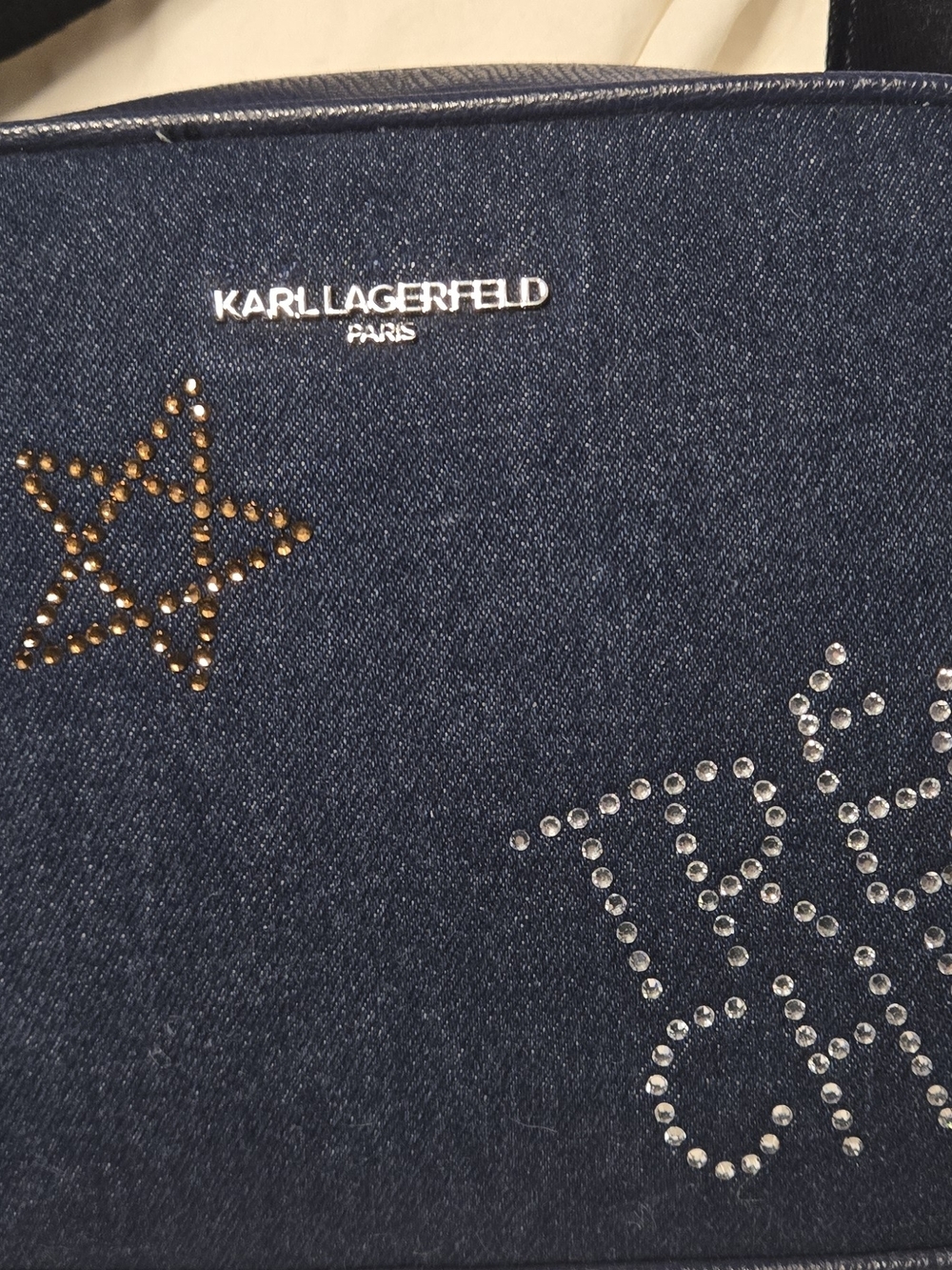 Karl Lagerfeld Dark Blue Denim Purse with Gold Star & Silver Stud Accents